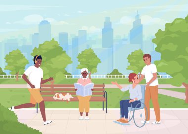 Parkın düz renk vektör illüstrasyonunda yürü. Aktif yaşam tarzı. Sosyal hayat dahil. Dinlenme ve dinlenme zamanı. Tam olarak düzenlenebilir 2B basit çizgi film karakterleri ile şehir manzarası arka planda
