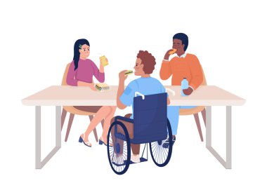 Öğrenciler yarı düz renk vektör karakterleriyle yemek yiyorlar. Düzenlenebilir figürler. Beyazın üstüne tüm vücudu olan insanlar. Web grafik tasarımı ve animasyonu için basit bir karikatür biçimi çizimi