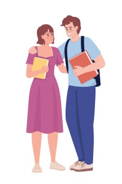 Lise çifti yarı düz renkli vektör karakterler. Düzenlenebilir figürler. Beyazın üstüne tüm vücudu olan insanlar. Web grafik tasarımı ve animasyonu için ilk aşk ve ilişki basit çizgi film stili çizimi