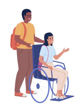 Öğrenci, engelli kız yarı düz renk vektör karakterlerini destekliyor. Düzenlenebilir figürler. Beyazın üstüne tüm vücudu olan insanlar. Web grafik tasarımı ve animasyonu için basit karikatür stili çizimi