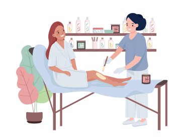 Ağda prosedürü 2D vektör izole çizimi. Çizgi film arkaplanındaki güzellik salonu müşterisi düz karakterler. Mobil, web sitesi, sunum için balmumu renkli düzenlenebilir sahne ile saç kesimi