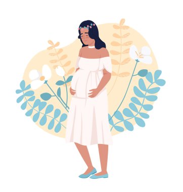 Müstakbel anne ve çiçek dekoru 2D vektör yalıtımı. Çizgi film arka planında hamile bir düz karakter. Cep telefonu, web sitesi, sunum için doğum öncesi bakım renkli düzenlenebilir sahne