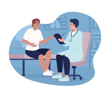 Ofisteki hastayı dinleyen terapist 2D vektör izole çizimi. Karikatür arka planında tıbbi randevusu olan düz karakterler. Cep telefonu, web sitesi, sunum için klinik renkli düzenlenebilir sahne