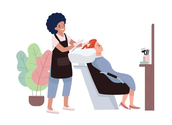 发廊程序2D向量分离说明 理发师在卡通背景下给客户洗头 为移动 展示提供五彩斑斓的可编辑场景的美容服务 — 图库矢量图片