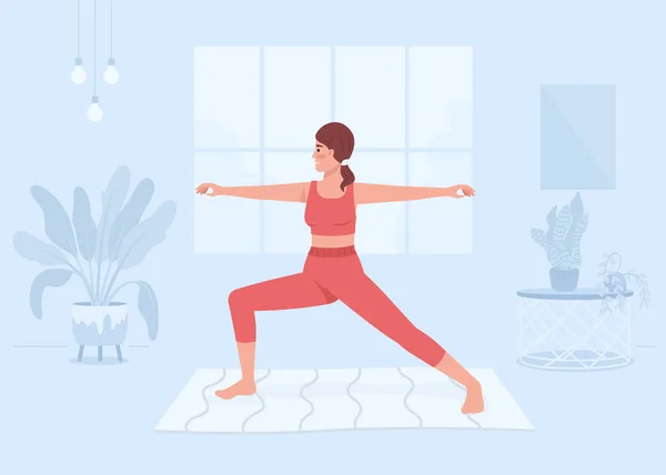 Vrouw Praktiserend Yoga Thuis Platte Kleur Vectorillustratie Sportactiviteiten Oefeningen Voor — Stockvector