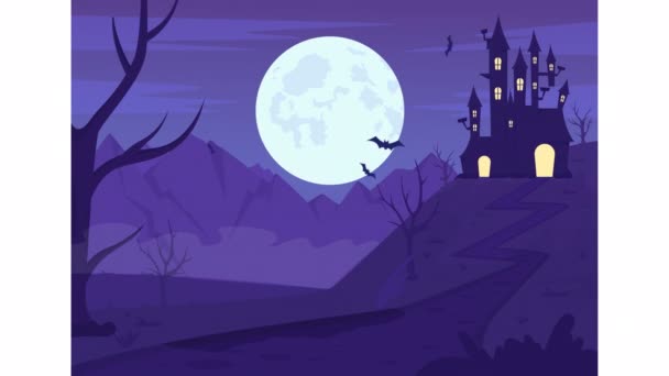 Geanimeerde Spookhuis Illustratie Griezelig Herenhuis Heuvel Volle Maan Nacht Looped — Stockvideo