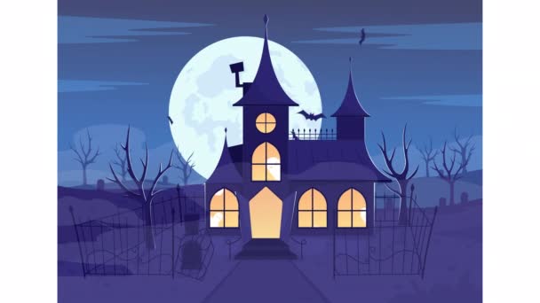 Animovaný Strašidelný Dům Ilustrace Upíří Rezidence Duchové Příšery Létající Netopýři — Stock video