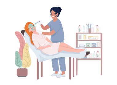 Yüz bakımı prosedürü 2D vektör izole çizimi. Çizgi film arkaplanındaki güzellik salonu düz karakterleri. Mobil, web sitesi, sunum için yüz maskesi uygulaması rengarenk düzenlenebilir sahne