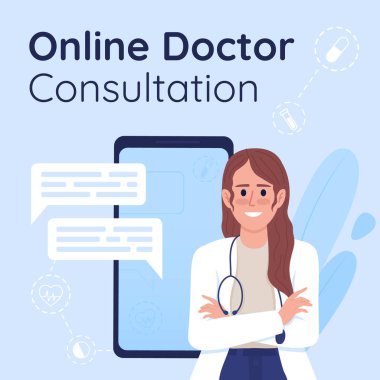 Online doktor danışma kartı şablonu. Telesağlık servisi. Düzenlenebilir sosyal medya postası tasarımı. Poster, web afişi ve kartvizit için düz vektör renk çizimi. Bataklık Koyu, Düzenli yazı tipleri