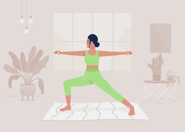 Dame Faisant Yoga Asana Maison Illustration Vectorielle Couleur Plate Activité — Image vectorielle