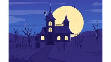 Animasyon korkunç malikane çizimi. Dolunay gecesi. Cadılar Bayramı. Ürkütücü bir ortam. Düz renk 2D karikatür animasyon videosu HD ile şeffaf arkaplanda uçan yarasalar ile
