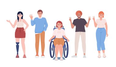 Çeşitlilik ve kapsama yarı düz renk vektör karakterleri. Düzenlenebilir figürler. Beyazın üstüne tüm vücudu olan insanlar. Web grafik tasarımı ve animasyonu için sosyal eşitlik basit çizgi film stili çizimi