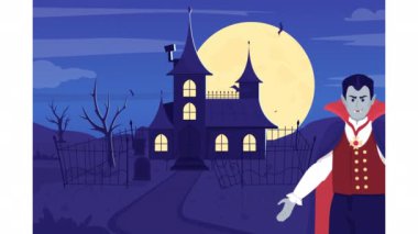 Canlandırılmış canavar çizimi. Hoş geldin vampir. Korkunç bir malikane. Düz renk 2D çizgi film karakteri animasyon videosu. Dolunay ve şeffaf arkaplan.