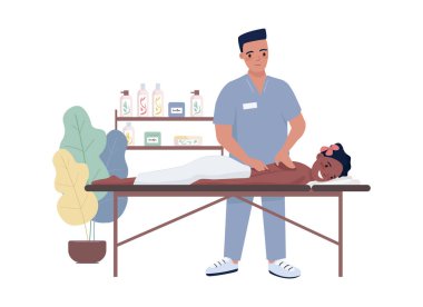 Masaj 2B vektörü izole edildi. Çizgi film arkaplanındaki spa salonu prosedürü düz karakterleri. Cep telefonu, web sitesi, sunum için vücut tedavi hizmeti renkli düzenlenebilir sahne