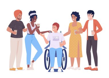 Dost iletişimi 2D vektörü izole edildi. Beyaz arka planda düz karakterlerle iletişim kuruyorum. Mobil, web sitesi, sunum için rengarenk parti sahnesindeki arkadaşlar