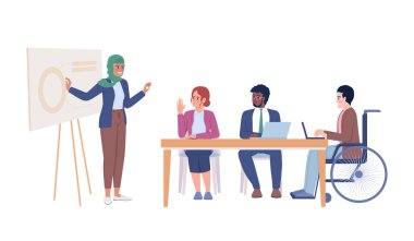 İş sunumu yarı düz renk vektör karakterleri. Düzenlenebilir figürler. Beyazın üstüne tüm vücudu olan insanlar. İş yerine ekleme web grafik tasarımı ve animasyonu için basit çizgi film biçimi illüstrasyonuName