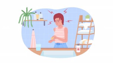 Animasyon izole edilmiş baş ağrısı. Ağrı kesici alıyorum. Alfa kanallı düz 2D karakter HD video görüntüleri. Web sitesi ve sosyal medya için saydam arkaplan üzerinde renkli animasyon