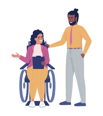 İş arkadaşları yarı düz renk vektör karakterleriyle sohbet ediyorlar. Düzenlenebilir figürler. Beyazın üstüne tüm vücudu olan insanlar. Web grafik tasarımı ve animasyonu için gayri resmi iletişim basit çizgi film stili çizimi