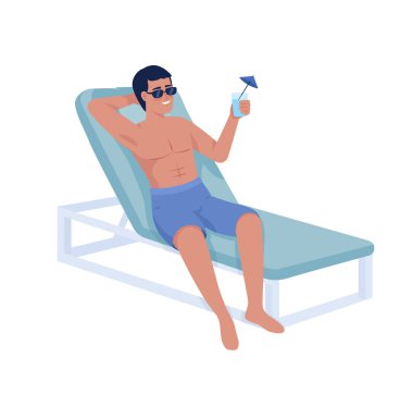 Plaj yarı düz renk vektör karakterli bronzlaşmış bir adam. Güverte koltuğunda oturan adam. Beyazın üzerinde tüm vücudu düzenleyebilen insan. Web grafik tasarımı ve animasyonu için basit çizgi film stili çizimi