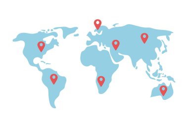 Yarı düz renk vektör elementi olan dünya haritası. Seyahat planı. Beyaz üzerine tam boyutlu düzenlenebilir öge. Bağımsız yükleniciler web grafik tasarımı ve animasyonu için basit çizgi film stili çizimi