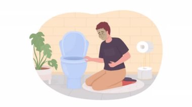 Mide bulantısı olan animasyon izole bir adam. Hasta biri tuvalete kusuyor. Alfa kanallı düz 2D karakter HD video görüntüleri. Web sitesi ve sosyal medya için saydam arkaplan üzerinde renkli animasyon