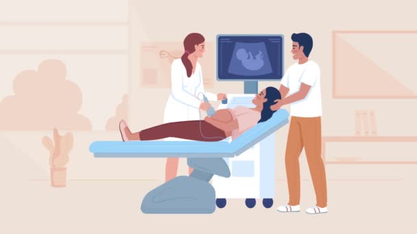 アニメーション出生前検査イラスト 胎児超音波検査 妊娠発表 透明背景に病院のインテリアとHdのフラットカラー2D漫画のキャラクターアニメーションビデオをループ — ストック動画