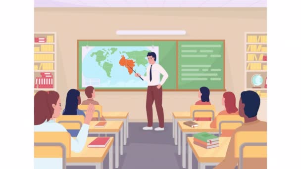 アニメーションの地理図 高校生のための教育レッスン 透明背景に学校のインテリアとHdのフラットカラー2D漫画のキャラクターアニメーションビデオをループ — ストック動画