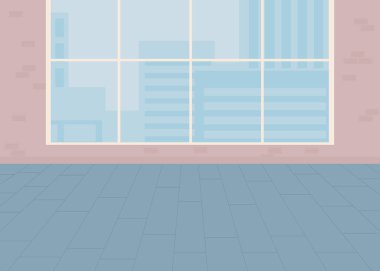 Şehir düz renk vektör illüstrasyonunda panoramik pencereli stüdyo. Kiralık çok geniş bir ofis. Çağdaş gayrimenkul. Tam olarak düzenlenebilir 2B basit karikatür arkaplanda şehir manzarası