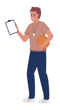 Beden eğitimi öğretmeni yarı düz renk vektör karakteri. Not panosu ve topu olan antrenör. Düzenlenebilir figür. Beyazın üzerinde tam vücut insan. Web grafik tasarımı ve animasyonu için basit spor çizgi film stili çizimi