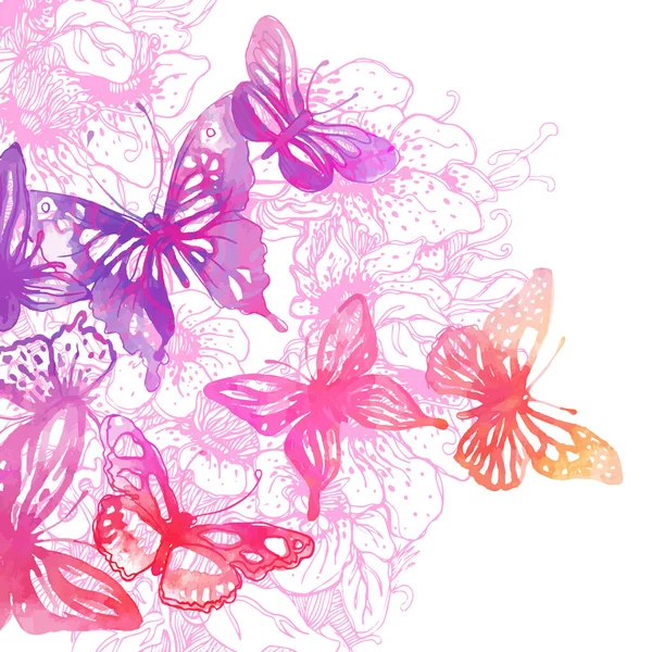 Fondo con mariposas y flores — Vector de stock