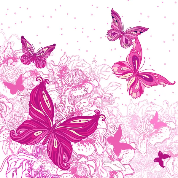 Fondo con mariposas y flores — Vector de stock