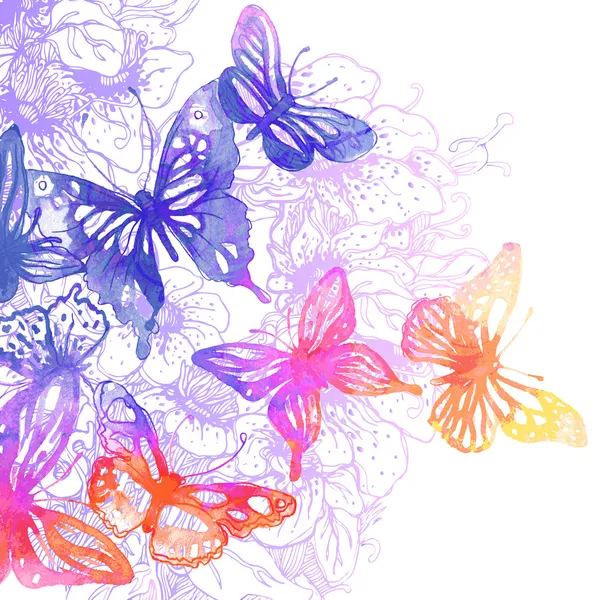 Fondo con mariposas y flores — Vector de stock