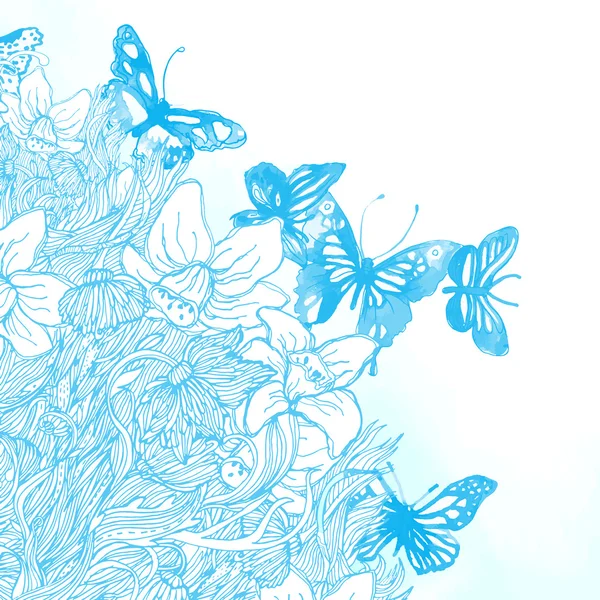 Fondo con mariposas y flores — Vector de stock