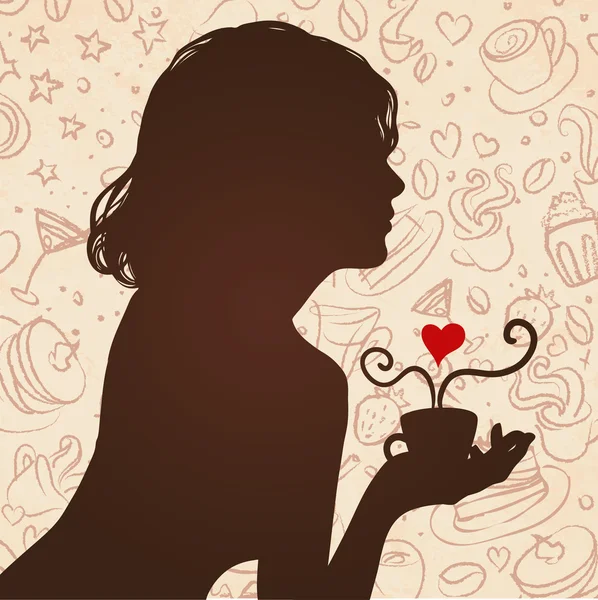 Silhouette di una ragazza che beve caffè — Vettoriale Stock