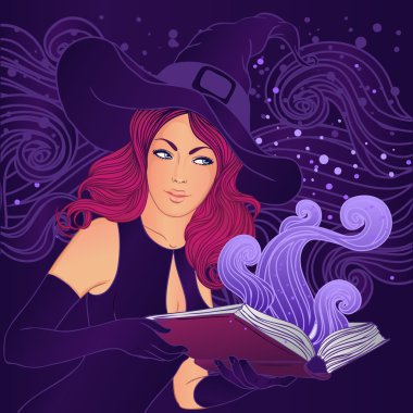 sihirli bir kitap ile güzel cadı Cadılar Bayramı