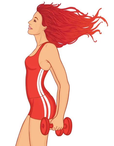 Jeune rousse dame faire de l'exercice avec deux haltères rouges isolé — Image vectorielle
