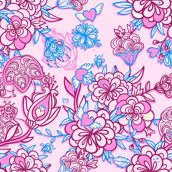 Roze en blauwe naadloze bloemmotief — Stockvector