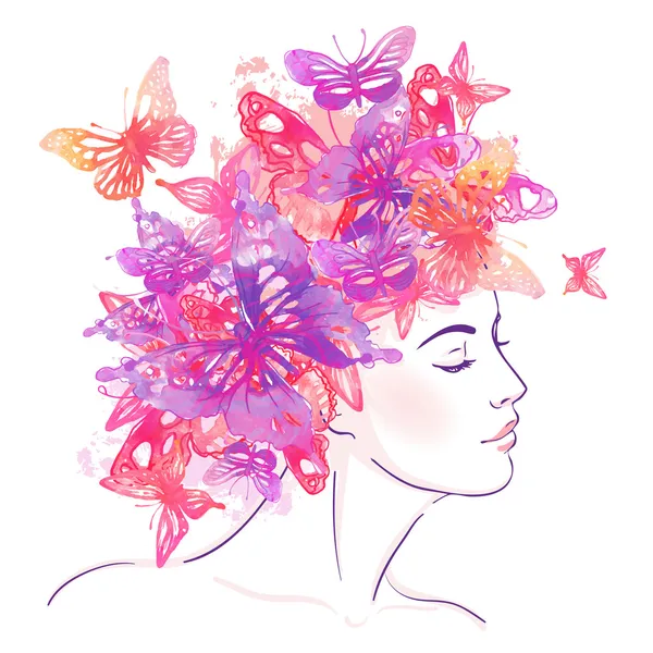 Chica con mariposas acuarela — Vector de stock