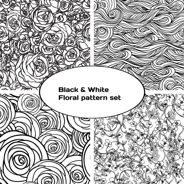 Conjunto de padrão floral preto e branco —  Vetores de Stock