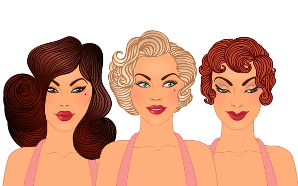 Hairstyles and makeup styles of 1950s. — Stock Vector