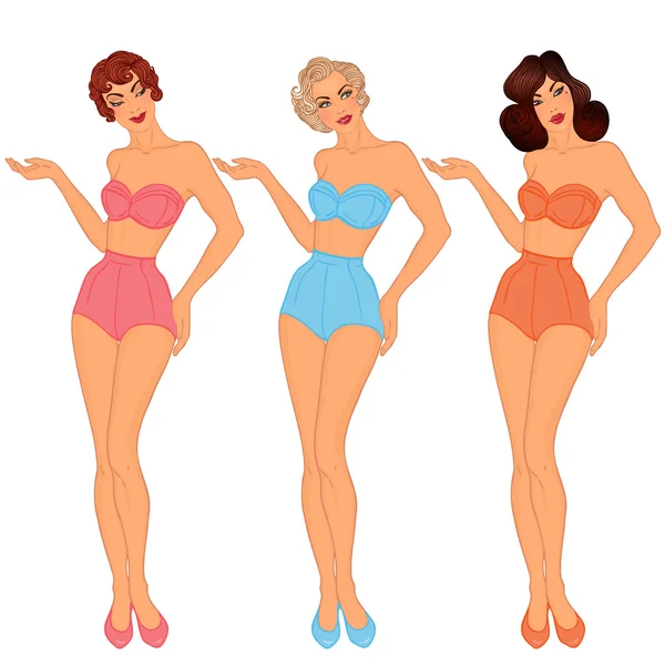 Pinup: sexy ladiy in swimsuits. — Stock Vector