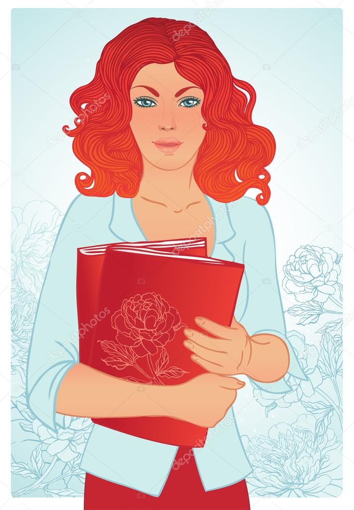 redhead girl holding books.