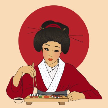 Geleneksel Japon güzel kız suşinin tadını çıkar.
