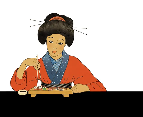 Traditional japanese girl enjoy sushi — Stock Vector