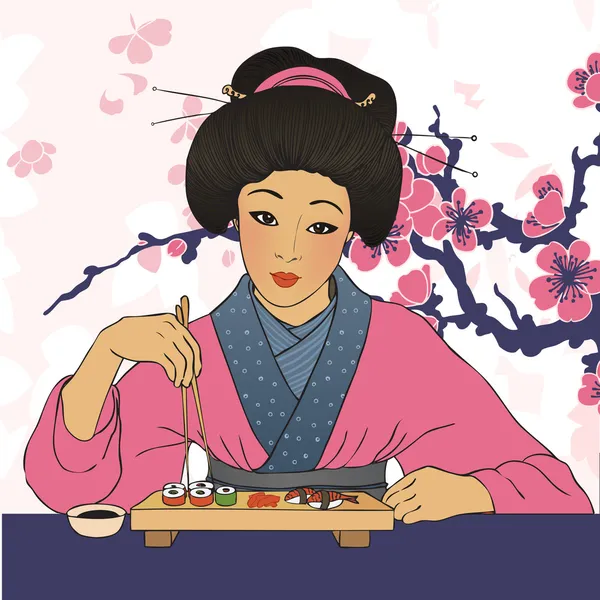 Tradicional japonês menina bonita desfrutar de sushi —  Vetores de Stock