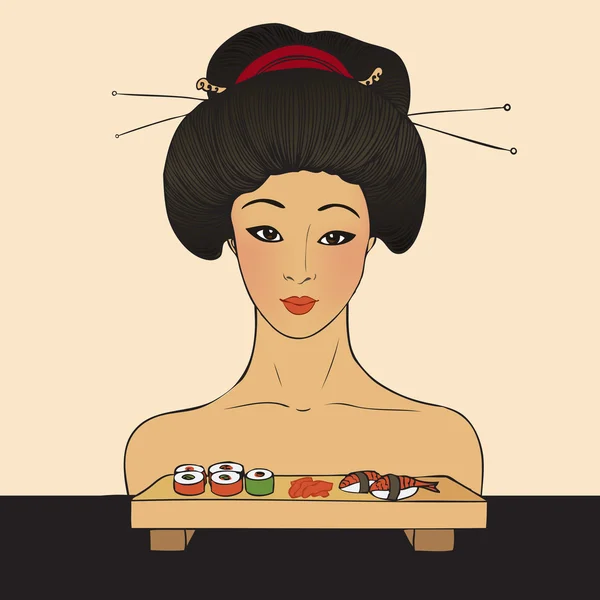 Tradicional japonés bonita chica disfrutar sushi — Vector de stock