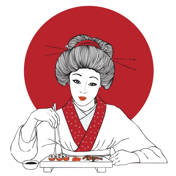 Παραδοσιακό γιαπωνέζικο όμορφο κορίτσι απολαμβάνει το σούσι — Διανυσματικό Αρχείο