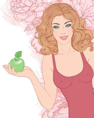 Beautiful blond woman holding green apple clipart