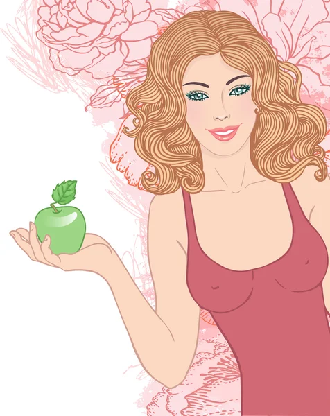 Beautiful blond woman holding green apple — Stock Vector