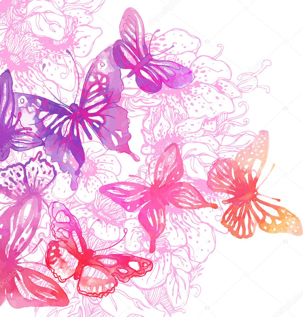 Butterflies and flowers painted with watercolors